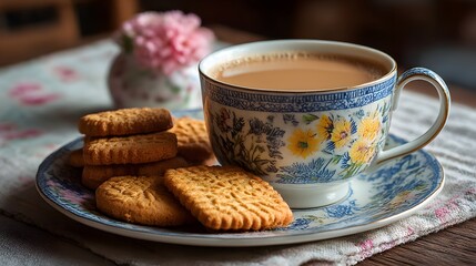 Tea and biscuits with floral cup and saucer image
