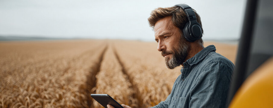 Focused farmer using a tablet in a golden wheat field. Represents technology, agriculture, modern farming. Suitable for business, finance, lifestyle. - Powered by Adobe