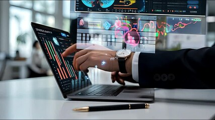 Analyzing data with the aid of a laptop, with the person's hand carefully interacting. - Powered by Adobe