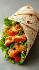 Freshly wrapped tortilla filled with grilled chicken, lettuce, and tomatoes for a tasty lunch option