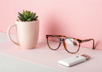 Desk accessories with succulent plant eyeglasses and usb drive on pink background