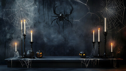 Spooky halloween still life with candles, spider webs, and pumpkins on a dark background