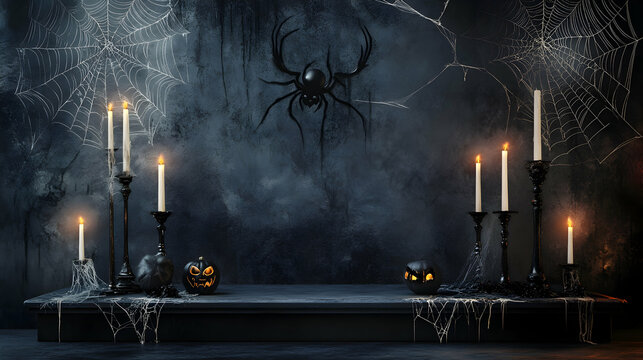 Spooky halloween still life with candles, spider webs, and pumpkins on a dark background