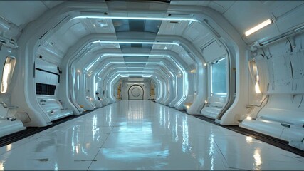 A bright, futuristic corridor with glossy floors and neon light panels creates the atmosphere of a sci-fi spaceship. - Powered by Adobe