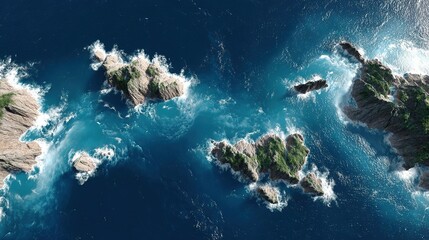 Stunning Aerial View of Tropical Islands Surrounded by Deep Blue Ocean Water with Crashing Waves