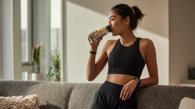 In a sunlit living room an Asian woman leans against a plush couch balancing a water bottle and a packet of supplements in her hands with her smartwatch blinking notifications highlighting