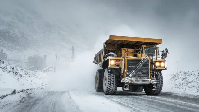 Heavy mining truck driving through snow