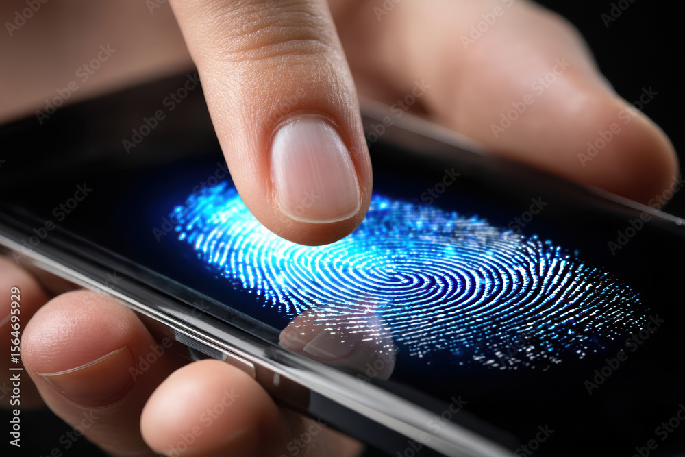 Poster close-up of a fingerprint scan on a mobile device in a dark setting by a person