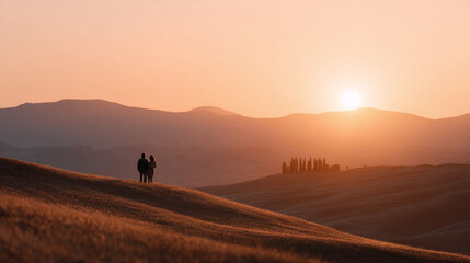 Fototapeta premium Romantic sunset vista featuring a couple silhouetted on a golden hillside. Evokes feelings of love, serenity, and exploration. Perfect for travel, lifestyle or relationship content.