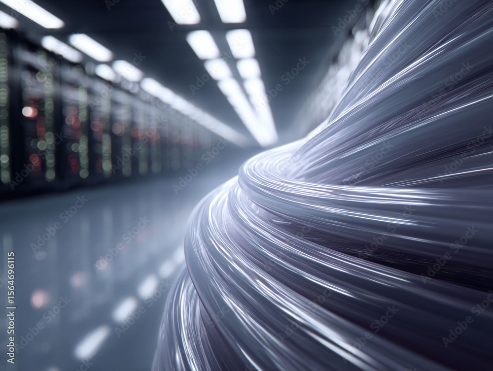 Poster abstract image of data cables in a server room. illustrates connectivity, information flow, and tech