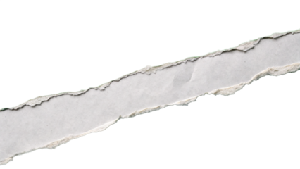 A strip of torn white paper with a rough edge is isolated on transparent background