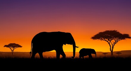 Fototapeta premium African Elephants Silhouette at Sunset A Majestic Wildlife Scene