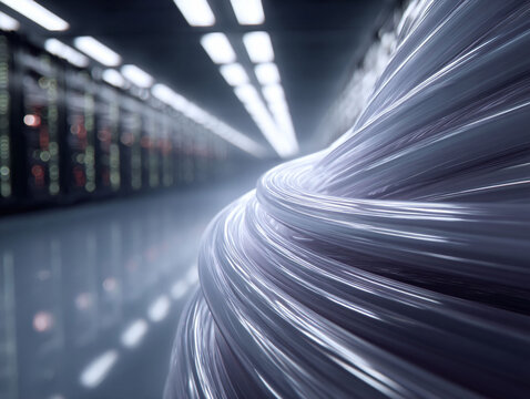 Abstract image of data cables in a server room. Illustrates connectivity, information flow, and technology. Ideal for web design or tech concepts.