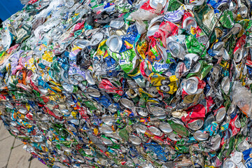 Crushed aluminum soda cans ready for the recycle bin