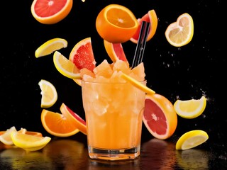Fresh citrus fruit cocktail with ice and splash on black background during preparation, slow motion video. - Powered by Adobe