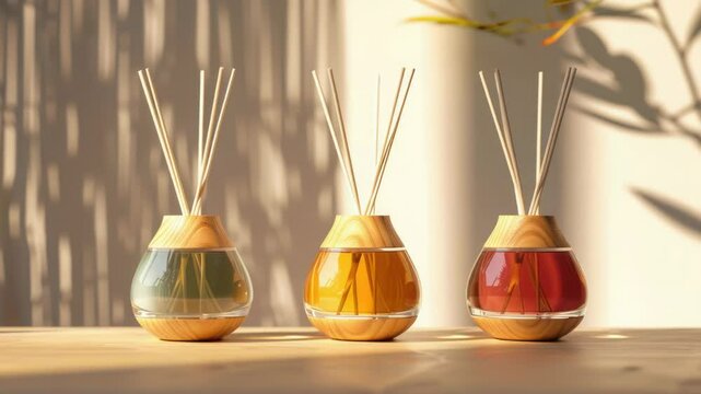 Three wooden vases filled with sticks on a table
