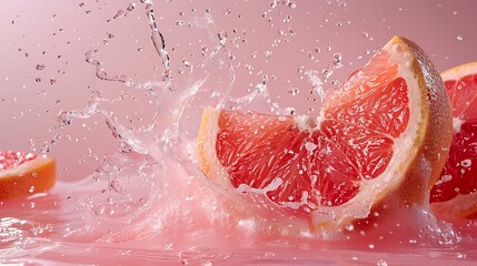 Fototapeta premium A vibrant splash of grapefruit juice creating arcs against a soft pink backdrop.