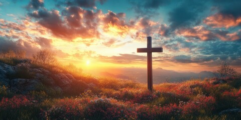 Sunset over a serene landscape with a wooden cross surrounded by colorful wildflowers in a tranquil setting