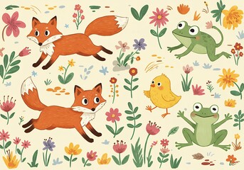 花が咲き乱れる緑豊かな草地で、キツネ、ヒヨコ、カエルが走りまわっているイラスト。