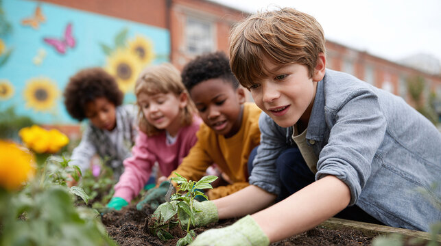Diverse children gardening together, planting seedlings in fertile soil. Concept teamwork, education, nature, sustainability. Ideal for school, environmental themes.