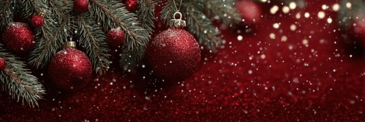 Christmas decorations with red ornaments and falling snowflakes create a festive atmosphere in a cozy setting