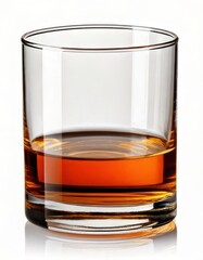 Amber liquid in a short clear glass whiskey or bourbon studio shot rocks glass