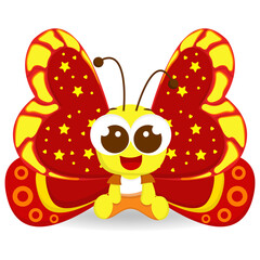Vector illustration of a cartoon butterfly with red and yellow wings, decorated with stars and circles, featuring large eyes and a smile.