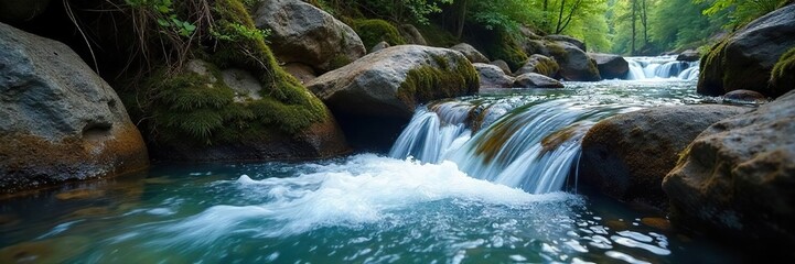 Fototapeta premium Crystal-Clear Mountain Spring Water Cascading Over Mossy Rocks Refreshing Nature Scene