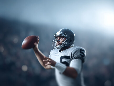 Intense action shot of a football quarterback in motion. Dramatic lighting highlights his focus and determination. Perfect for sports, teamwork, or achievement concepts.