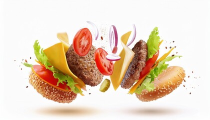 Two cheeseburgers in midair with sesame seed buns beef patties cheese lettuce tomato red onion and pickles