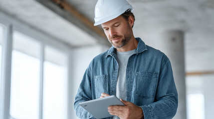 Focused construction worker in denim shirt and hard hat uses digital tablet on site.  Image conveys professionalism, modern technology in construction, and efficient project management.