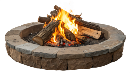 A stone fire pit with burning logs and flames isolated on transparent background