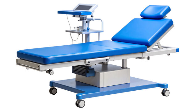 Modern blue electric examination table vector illustration medical chair isolated on solid white background in Png format - Powered by Adobe