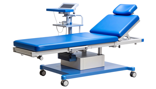 Modern blue electric examination table vector illustration medical chair isolated on solid white background in Png format