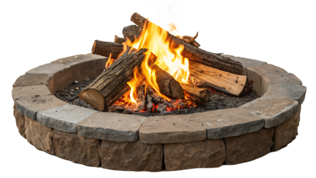 A stone fire pit with burning logs and flames isolated on transparent background