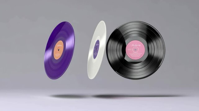 Three vinyl records in mid-air, featuring purple, white, and black colors, showcasing unique labels, with a soft gradient background, emphasizing the nostalgia and artistry of music collection and vin