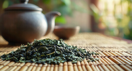 Loose green tea leaves on bamboo mat with clay teapot in background, creating a serene, natural setting for traditional tea preparation and wellness rituals.