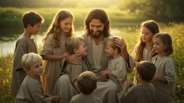 Jesus Christ Blesses and Hugging Children on the Street. Biblical Parable of Christian Love. Spiritual Education and Religious Concept.