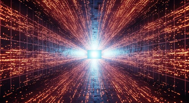 Abstract Digital Network Tunnel with Glowing Lights and Data Flow