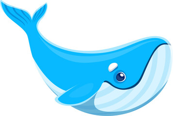 Cartoon whale character of underwater animal of sea and ocean fish, isolated vector. Cartoon blue whale or cachalot with funny cute face for kids mascot of undersea animals and oceanarium sea world