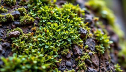 macro capture of vibrant green moss growing on a tree bark, revealing texture contrast between rough wood and soft living plant life.