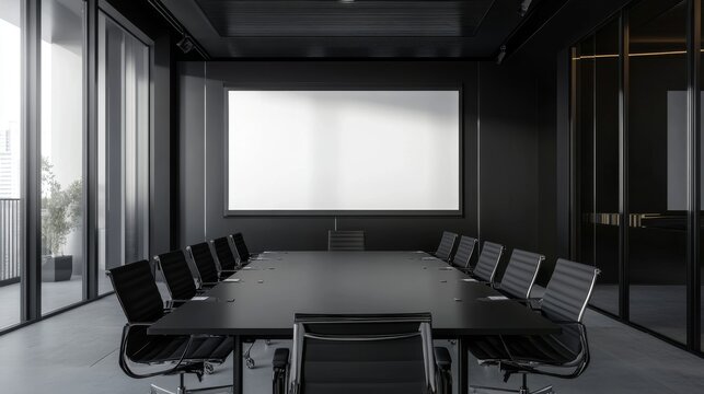 Modern black meeting room interior with sleek furniture and large white projection screen in contemporary corporate office setting
