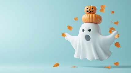 Ghost balancing a stack of pumpkins on its head.