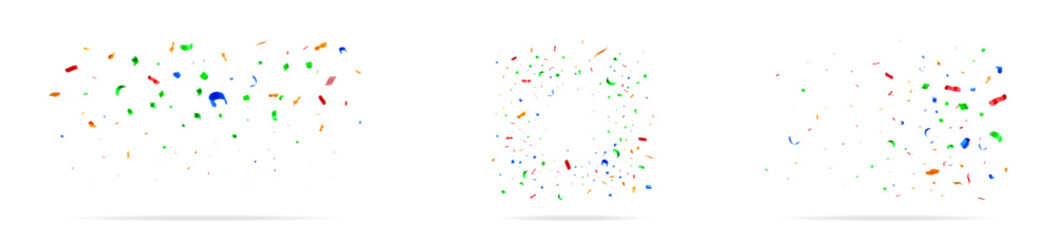 Set of 3d falling colorful curly ribbons and confetti isolated on white background. Festive celebration element for party.