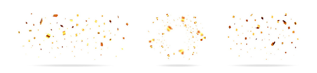Set of falling golden confetti pieces with different effects. Glittering festive elements for celebration, parade, or carnival decoration.