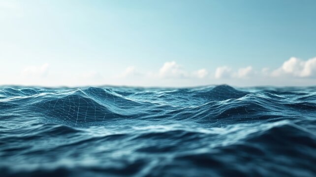 Panoramic view of ocean with digital grid charting depths.