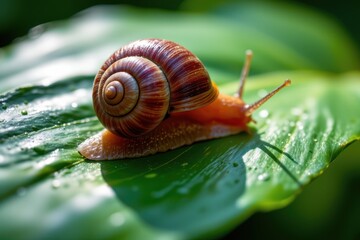 macro image of snail trail shining on tropical plant leaf, revealing natural light and moisture.