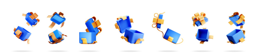 Blue gift box with gold ribbon for special event. Surprise package for celebration. Present delivery and holiday wishes concept.