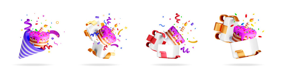 3d stock vector illustration set collection of festive birthday elements including cake, gift box, party hat, and confetti for celebration design.