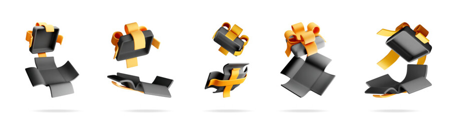 Set of 3d render gift boxes with orange ribbons. Vector collection of flying open and closed boxes. Surprise or sale concept.